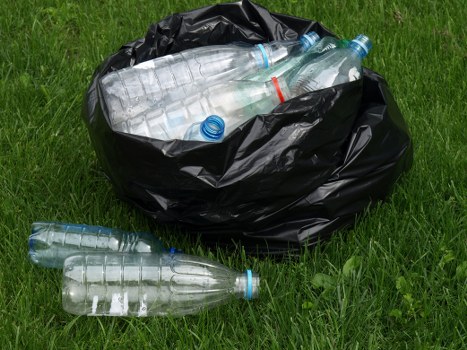 A black plastic rubbish bag placed on a grassy area with green turf, filled with several clear plastic bottles, some with blue caps and one with a red mark, visible inside the bag. The bags appear to be full and loosely tied at the top, with additional bottles also lying on the grass nearby, suggesting recent collection or disposal of recyclable waste. The background shows a natural outdoor environment, possibly within a residential or garden setting, typical of waste removal activities in the Brent Cross area, where firms like Garden Clearance Brent Cross operate to assist with rubbish disposal including plastic bottles. The scene emphasizes the visual of collected bottles ready for removal or recycling, reflecting typical rubbish collection practices for recyclable materials in local garden or property clearance services.